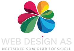 Fargerik logo med en flerfarget blomsterform øverst og teksten "Web Design AS" nedenfor i grått.