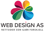 Flerfarget logo med stilisert blomstøye og teksten "WEB DESIGN AS" under, med slagordet "nettsider som gjør forskjell".