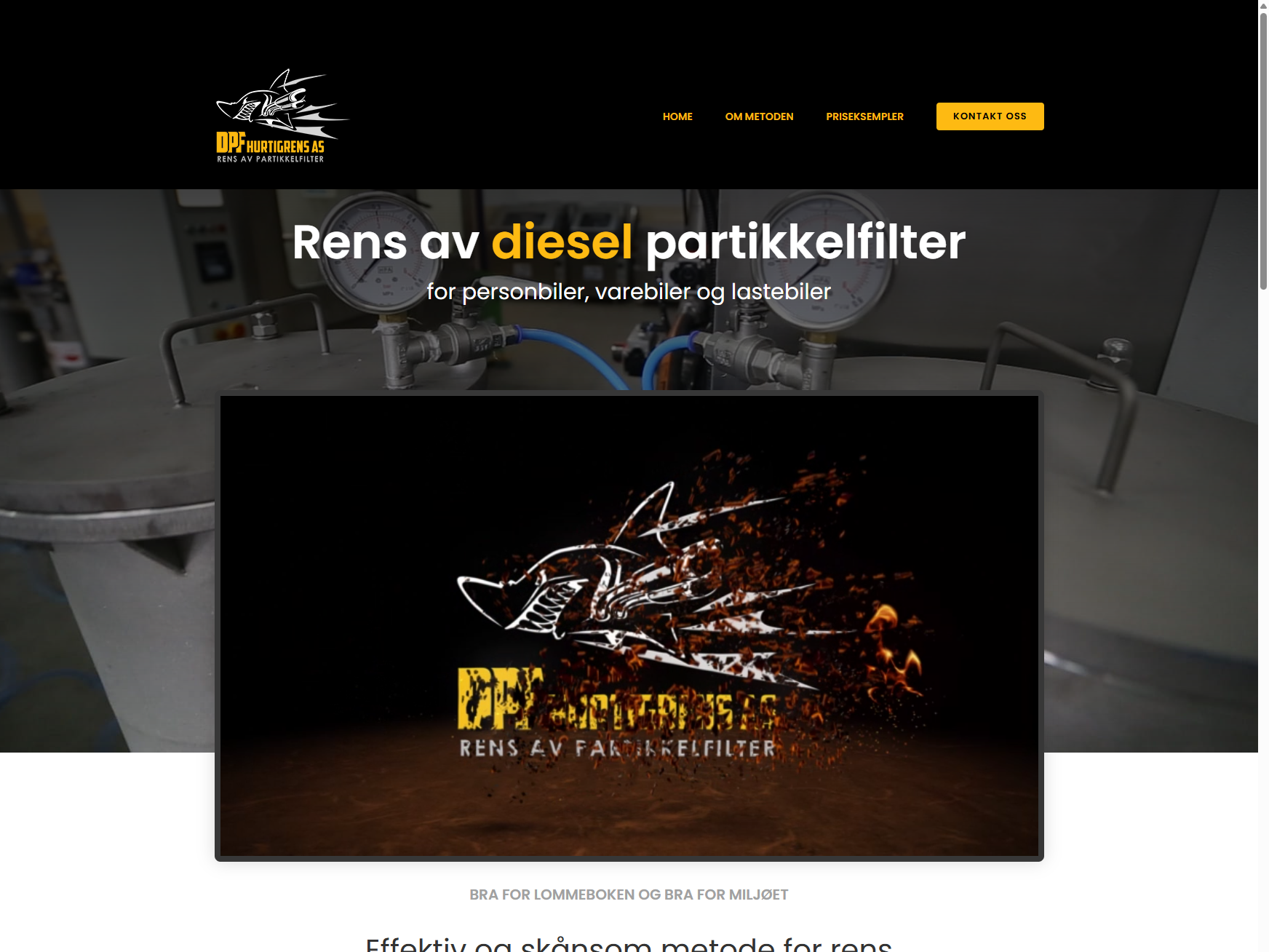 Sort bakgrunn med lys tekst og logo; fokus på rens av diesel partikkelfilter; profesjonelt og moderne design.