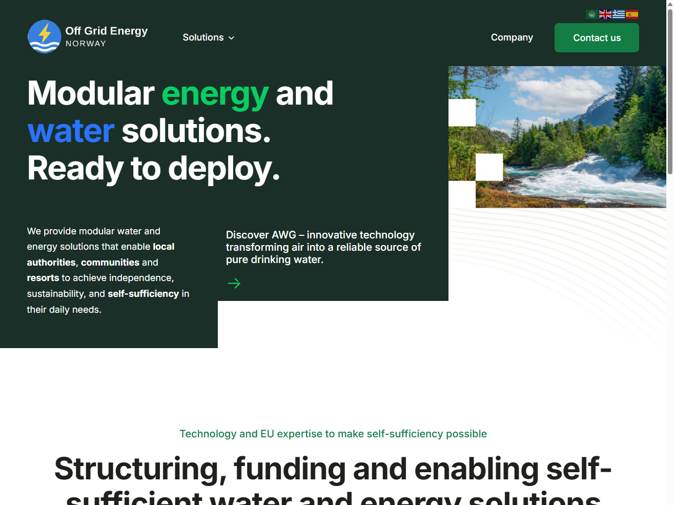 Modulære løsninger for energi og vann med et bakteppe av fjell og elv, med fokus på selvforsyning og bærekraft.