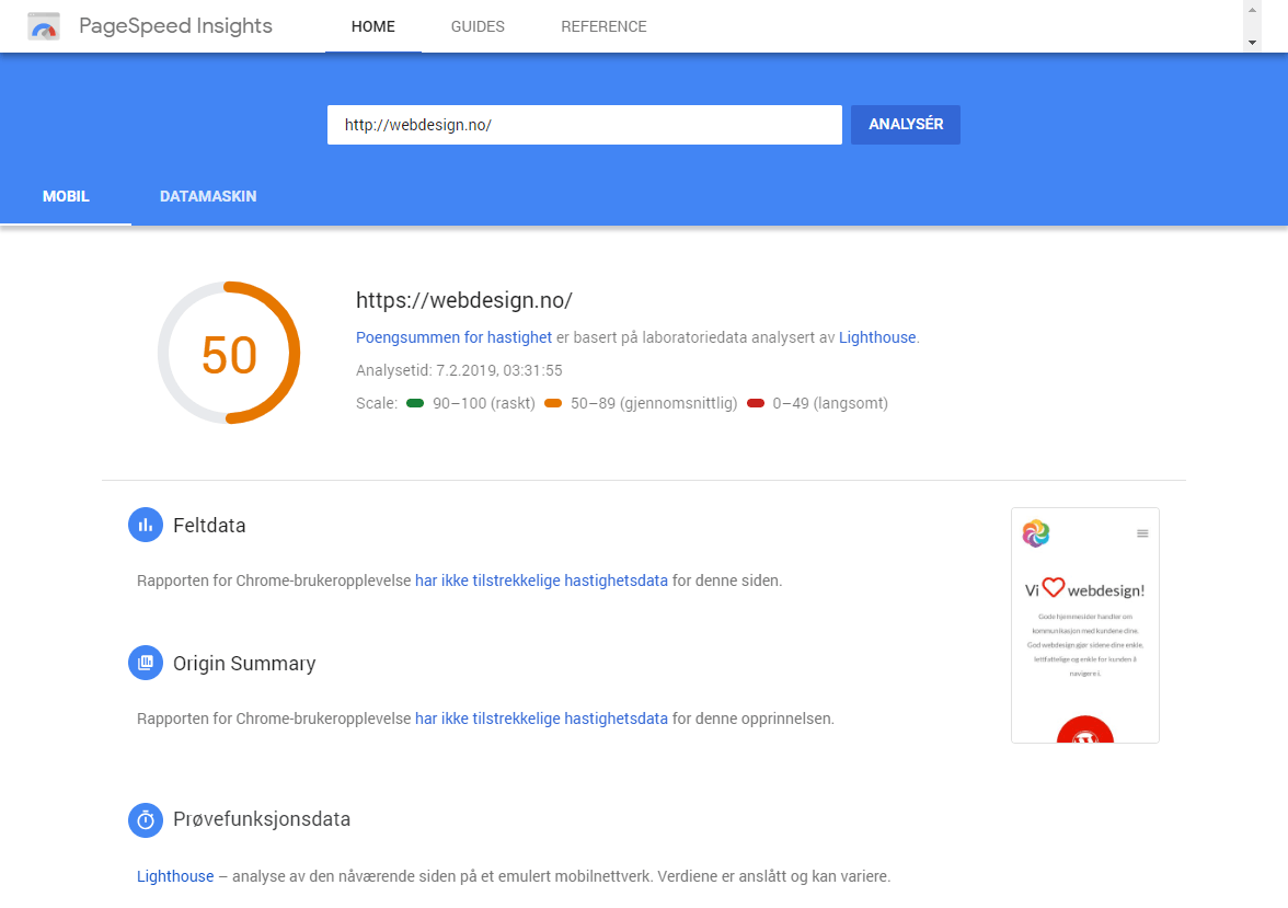 Score på 50 for "webdesign.no" fra Google PageSpeed Insights, med seksjoner for felter, origin summary og prøvefunksjonsdata.