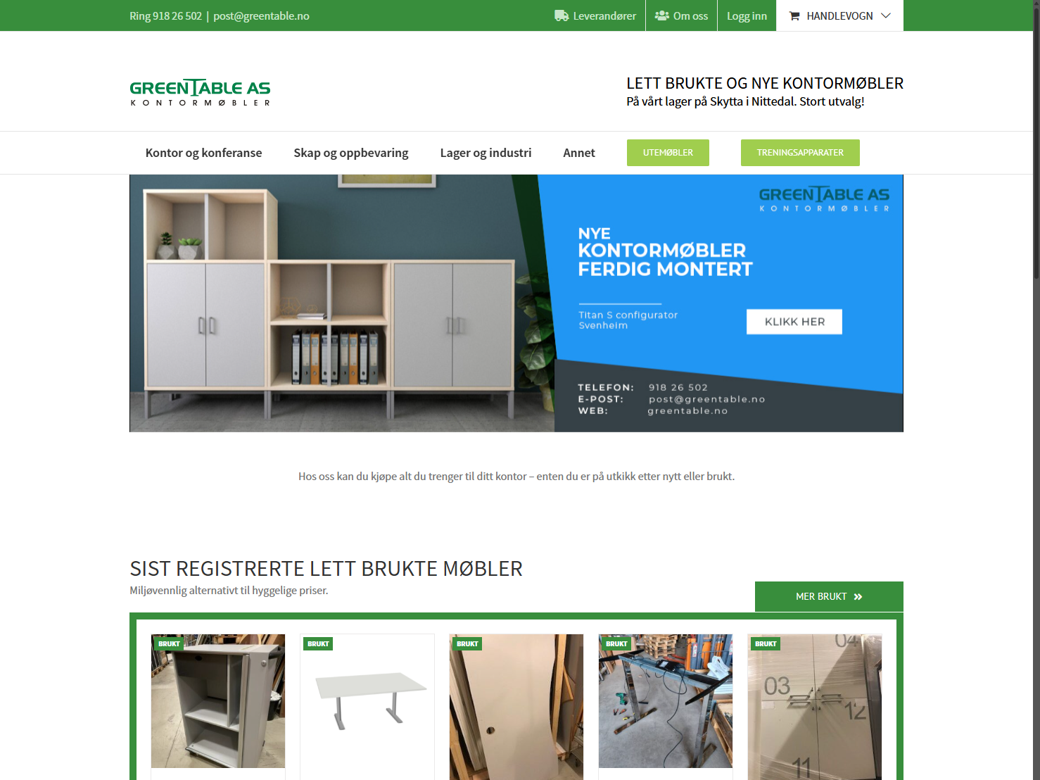 Nettside for GreenTable AS, med fokus på lette brukte kontormøbler. Hvit og grønn fargepalett, oversiktlige seksjoner og produktbilder.