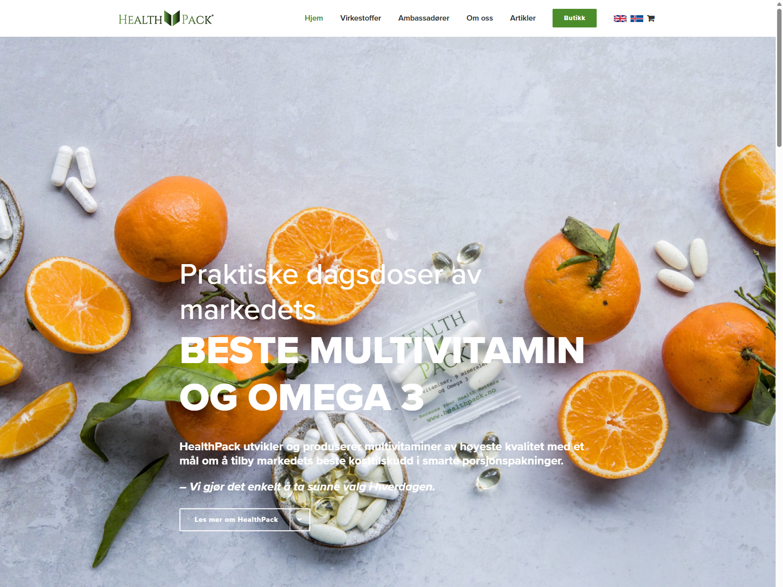 Fargerik nettside med appelsiner, kosttilskudd og kapsler. Tekst fremhever multivitamin og omega 3 som toppvalg. Minimalistisk layout.