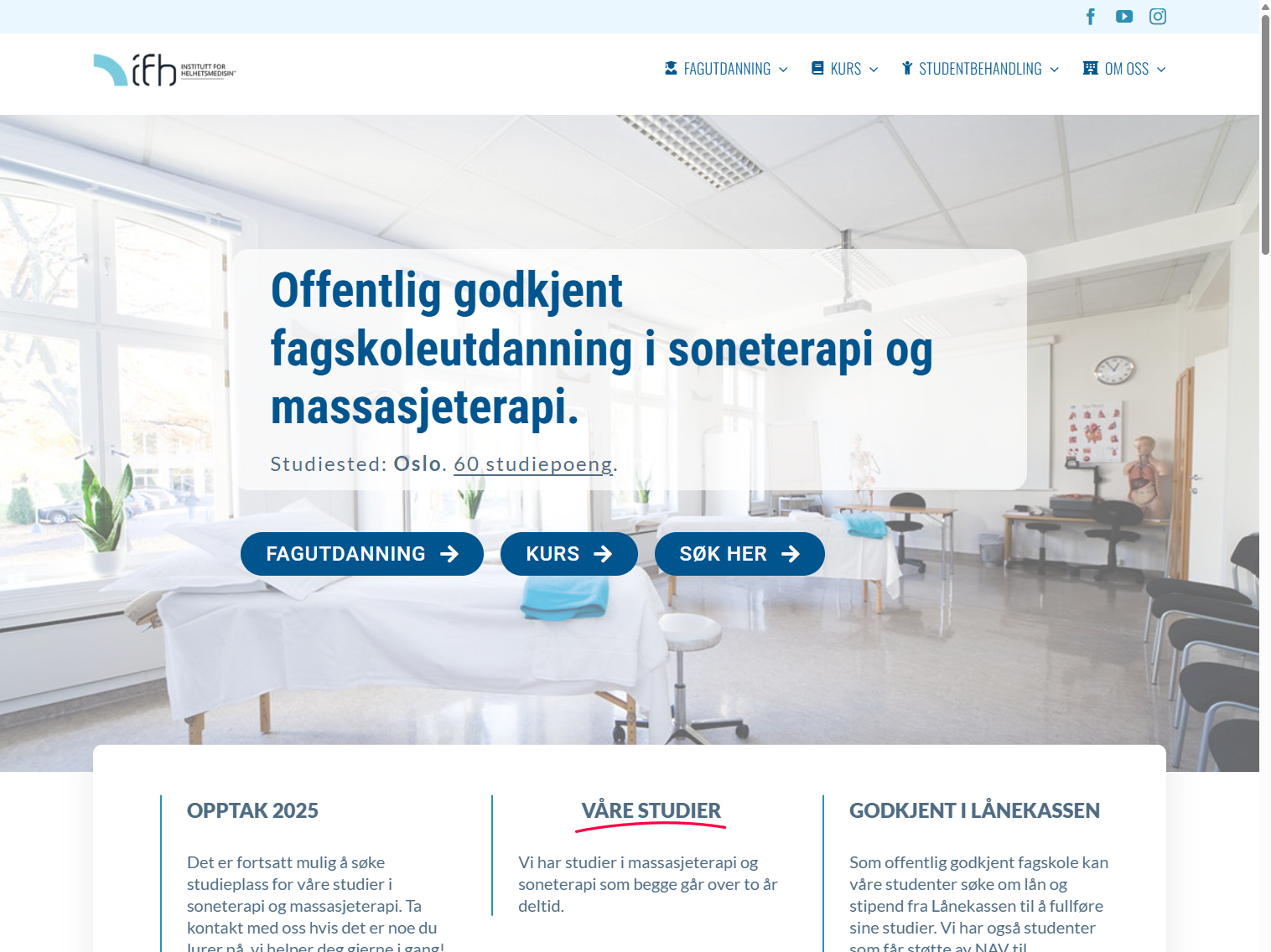 Lys og moderne nettside med overskrift om godkjent fagskoleutdanning i soneterapi og massasjeterapi, med en ren layout og navigasjonsmeny.