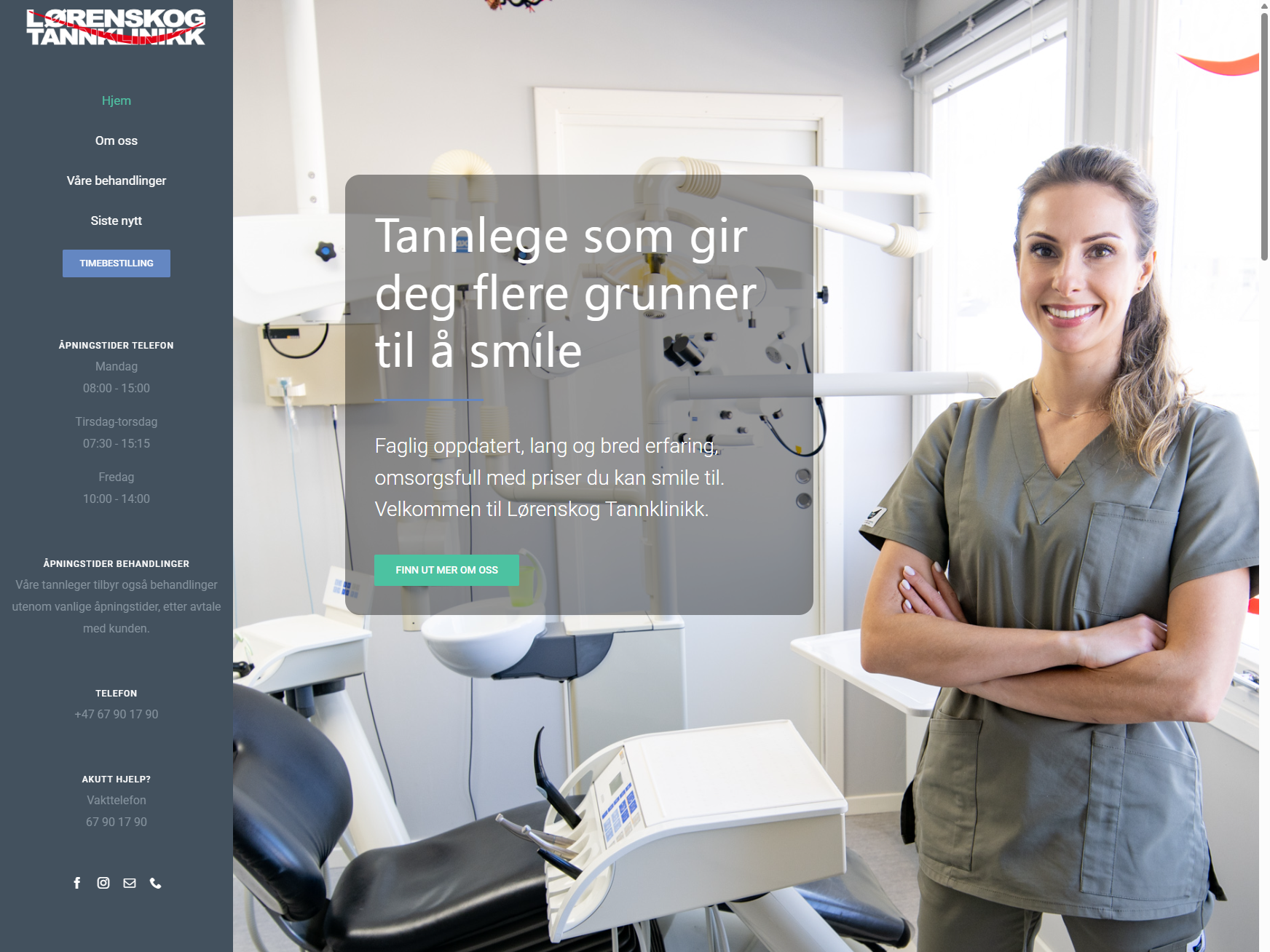 Lys og moderne tannlegeside med en smilende tannlege i arbeidstøy, dentalutstyr og en klar, innbydende layout.