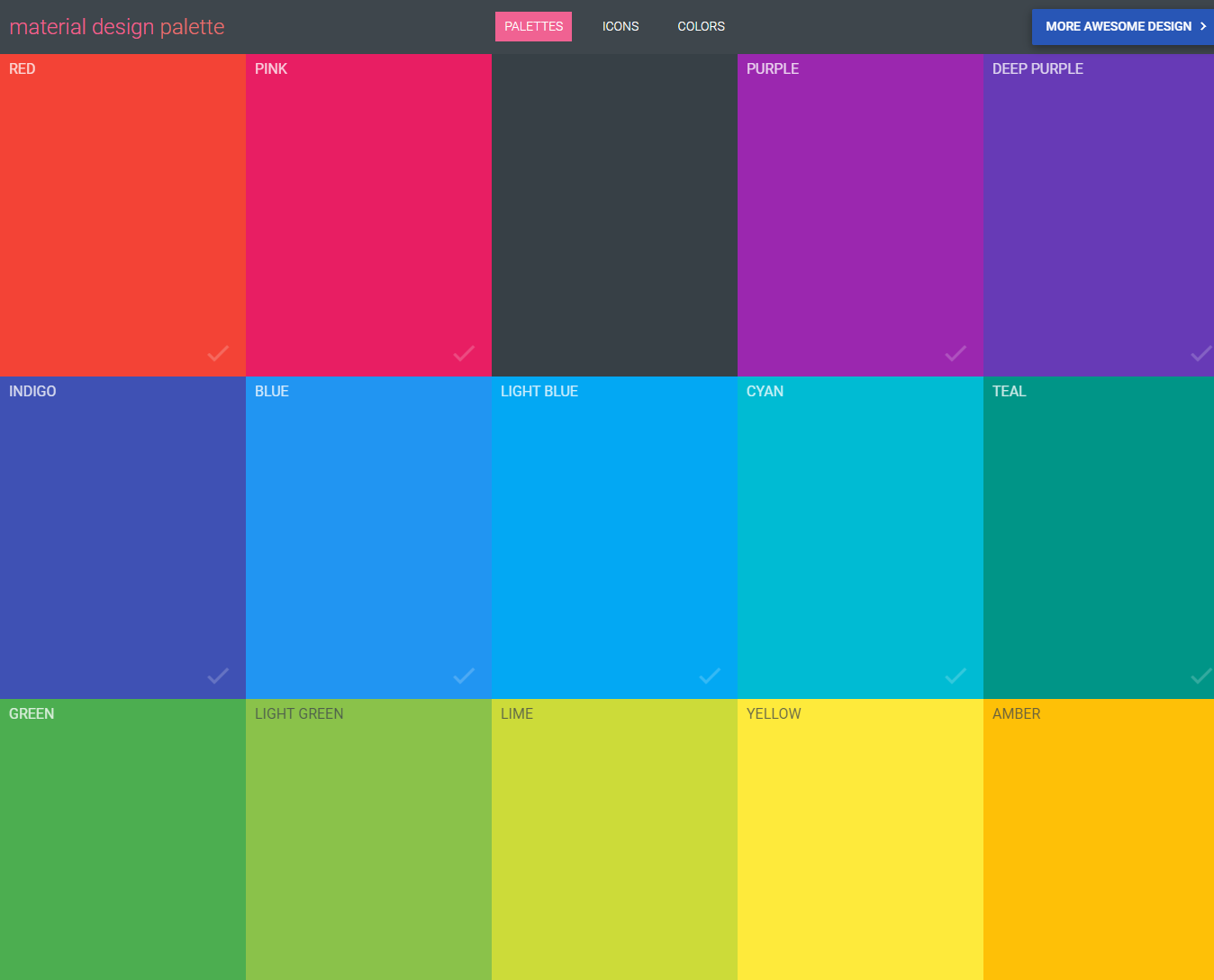 Fargepalett med 16 farger inkludert rød, rosa, blå, cyan, grønn, gul og lilla, delt opp i en 4x4 rutenettlayout.