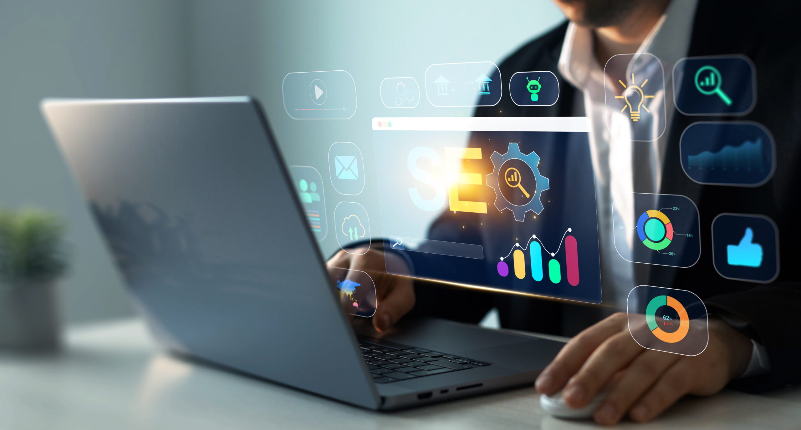 Forretningsperson som analyserer data på en laptop, omgitt av digitale ikoner og grafer i en moderne arbeidsmiljø.
