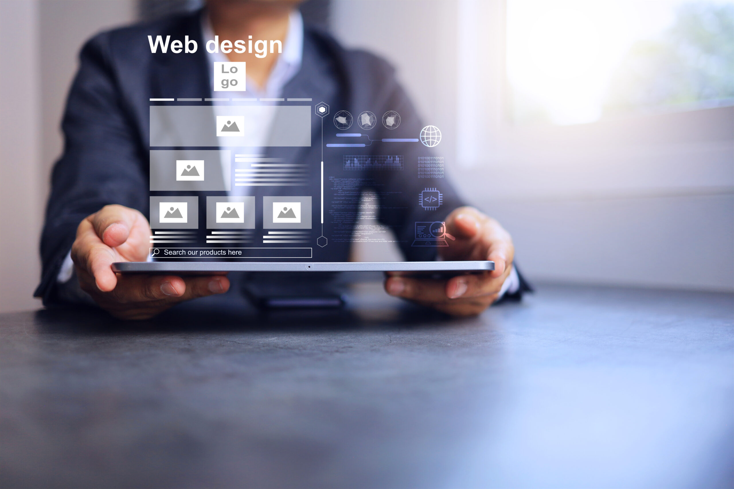 Tittel: Modern web design concepts displayed on a tablet Beskrivelse: En person presenterer grafisk webdesign på en nettbrett. Velg nettsideplattform basert på bedriftens mål, behov og budsjett. Skreddersydde løsninger og SEO-optimalisering øker synlighet og vekst. Kontakt Web Design AS for gratis konsultasjon.