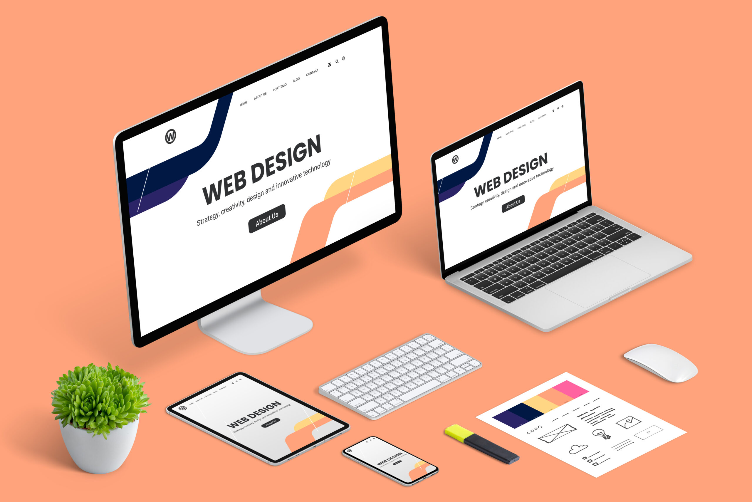 Moderne webdesign oppsett med en stasjonær PC, laptop, telefon, tastatur, mus, og en plante på en oransje bakgrunn.