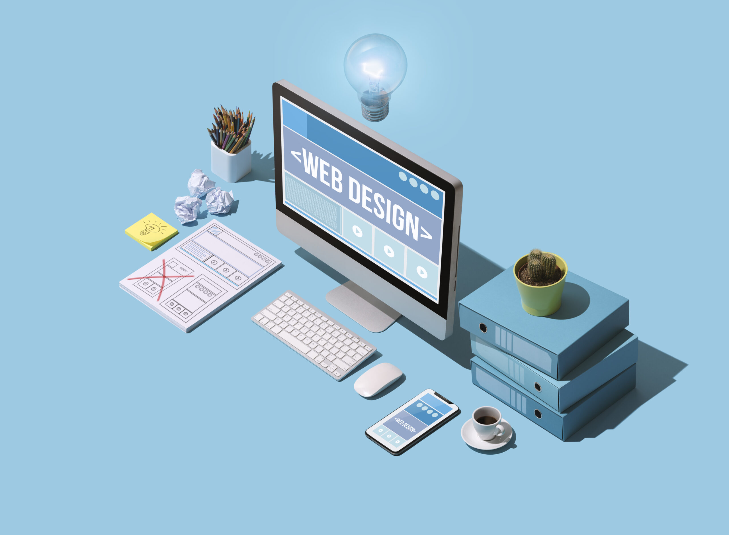 Tittel: Kreativt webdesign med moderne arbeidsplass Sammendrag: Moderne arbeidsplass med fokus på webdesign og kreativitet. Modern arbeidsplass med blå bakgrunn, en dataskjerm som viser "WEB DESIGN", tastatur, notater, planter og en kaffekopp.