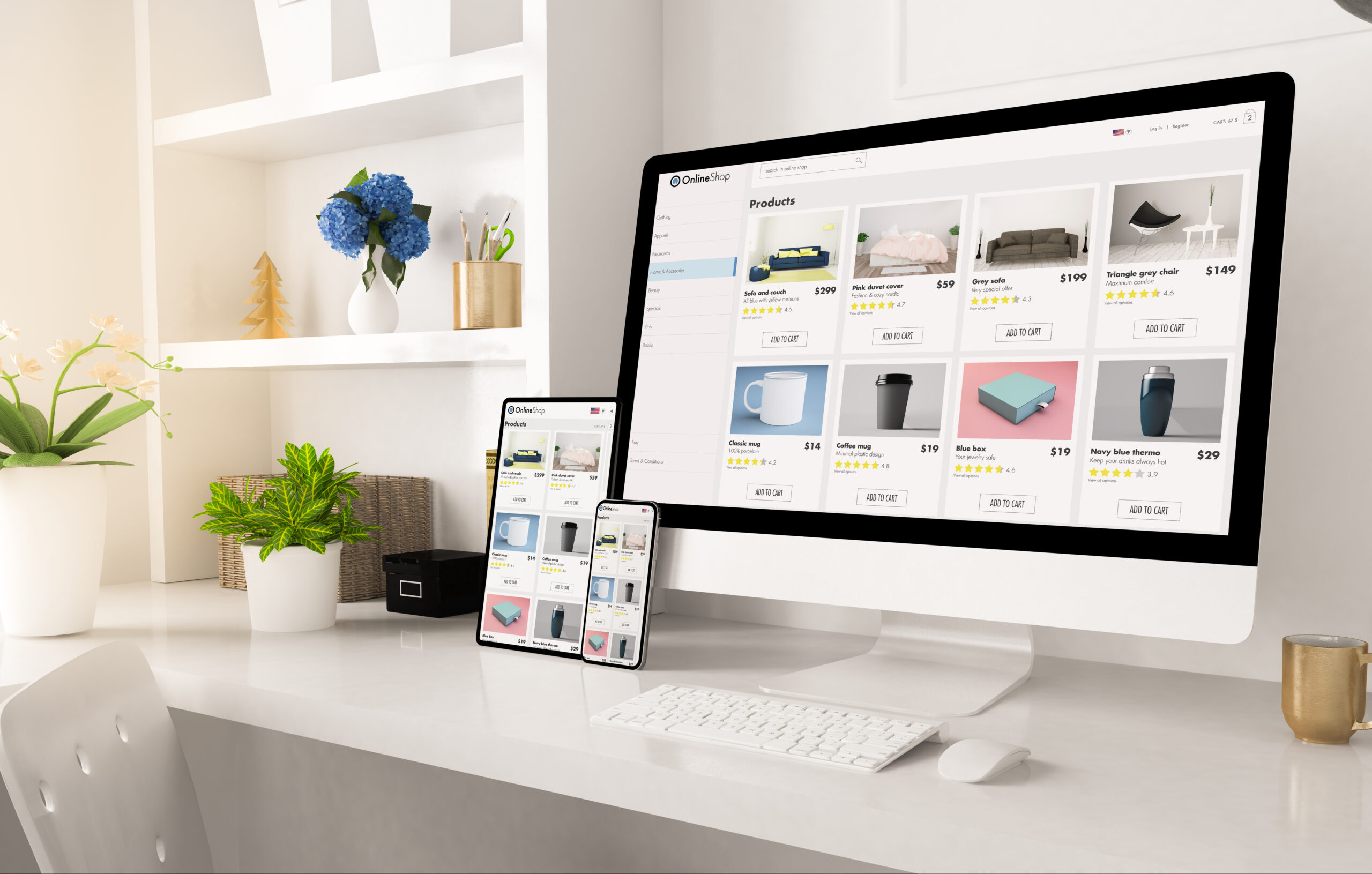 Et moderne hvitt skrivebord med datamaskin, nettbrett og smarttelefon på samme nettbutikk. Planter, bøker og pyntegjenstander er sirlig plassert på skrivebordet og i hyllene for å skape en stilfull arbeidsplass. WooCommerce gir norske nettbutikker fleksibel, skreddersydd e-handel med enkel WordPress-integrasjon, forbedret SEO og økt salg. Kontakt oss for gratis konsultasjon.