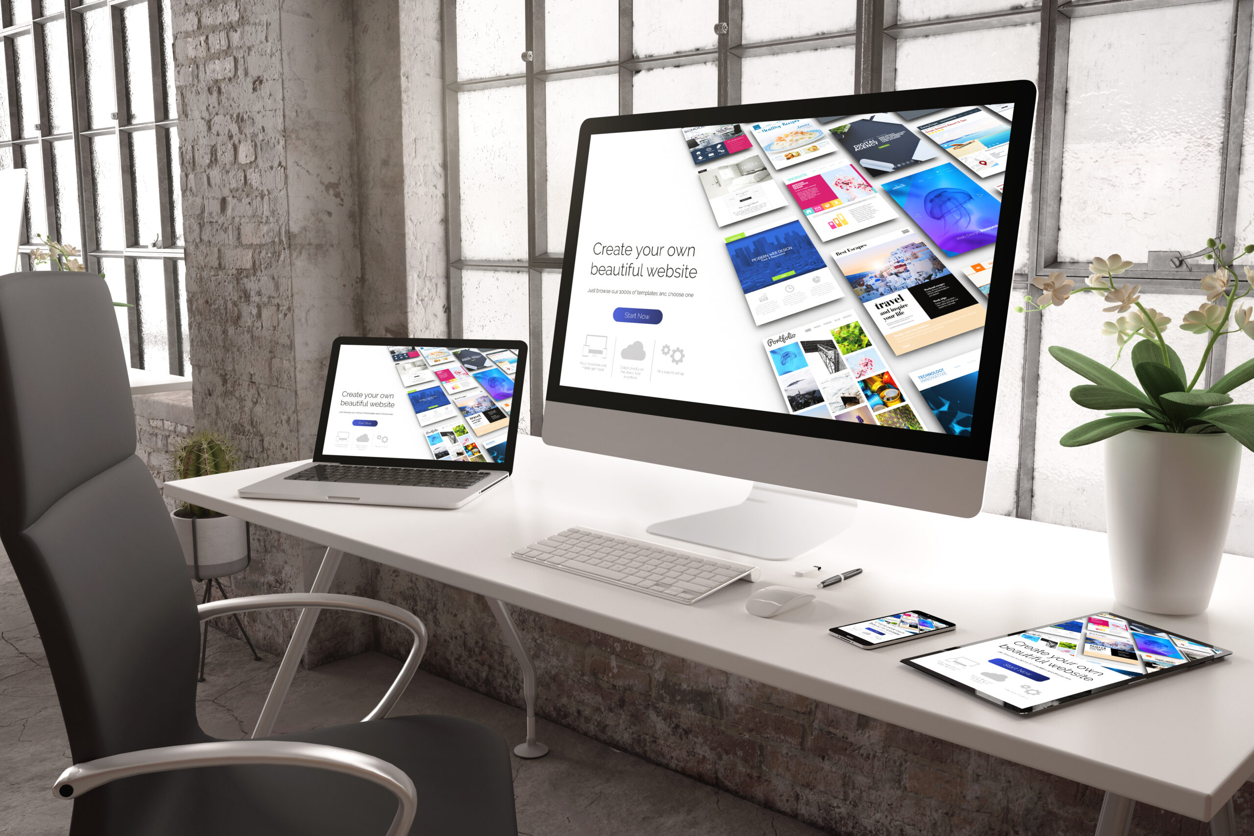 Moderne kontorinnredning med responsiv nettsidebygging Digitale enheter som viser responsiv nettside i et kontormiljø. Moderne kontorinnredning med en stor skjerm, laptop og nettbrett, alle viser fargerike designmaler på en lys skrivebordsoverflate.